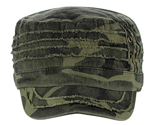 D&Y Unisex 100% Cotton Military Cadet Hat - Distressed Frayed Flat Top Cap - Adjustable Everyday Patrol Hat - color: Camo