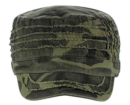 D&Y Unisex 100% Cotton Military Cadet Hat - Distressed Frayed Flat Top Cap - Adjustable Everyday Patrol Hat - color: Camo