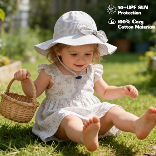 Baby Girl Sun Hat with UPF 50+ Outdoor Adjustable Beach Hat with Wide Brim Bucket Hats - color: Beige-stripe 1pcs, size: 2-3T