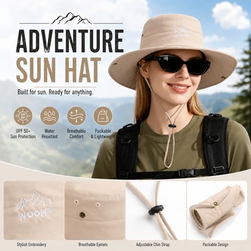 WOOH Sun Hats for Women,UPF80+ Wide Brim Foldable Bucket Hat with Adjustable Chin Strap,Summer Hat for Beach Hiking Gardening - color: Beige