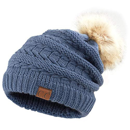 C.C Hatsandscarf Exclusives Unisex Solid Ribbed Beanie with Pom (HAT-43) - color: A Heather Denim-tilted Stitch