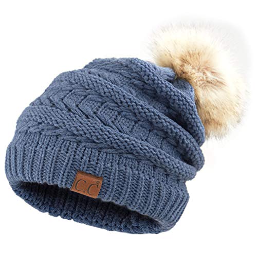 C.C Hatsandscarf Exclusives Unisex Solid Ribbed Beanie with Pom (HAT-43) - color: A Heather Denim-tilted Stitch