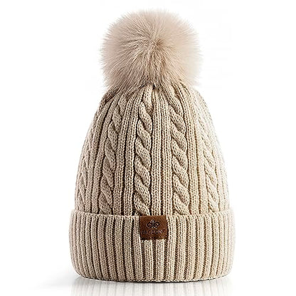 PAGE ONE Women Winter Pom Pom Beanie Hats Warm Fleece Lined Knit Hat Chunky Trendy Cute Cap - color: Oat-1