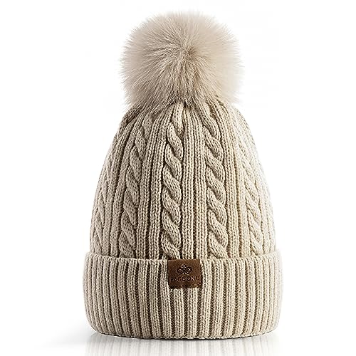 PAGE ONE Women Winter Pom Pom Beanie Hats Warm Fleece Lined Knit Hat Chunky Trendy Cute Cap - color: Oat-1