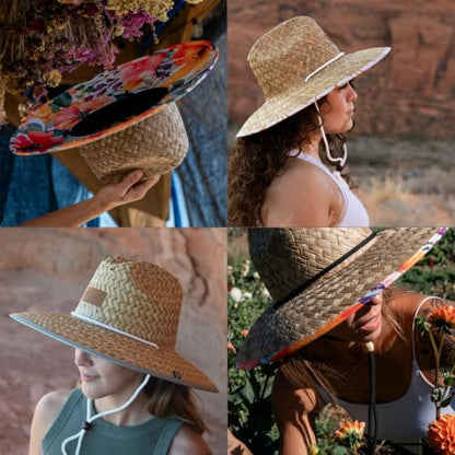 Women's Wide Brim Straw Sun Hat for Beach, Lifeguard Style, Hand-Woven Rush & Mat, Adjustable Chin Drawstring - color: The Ashley