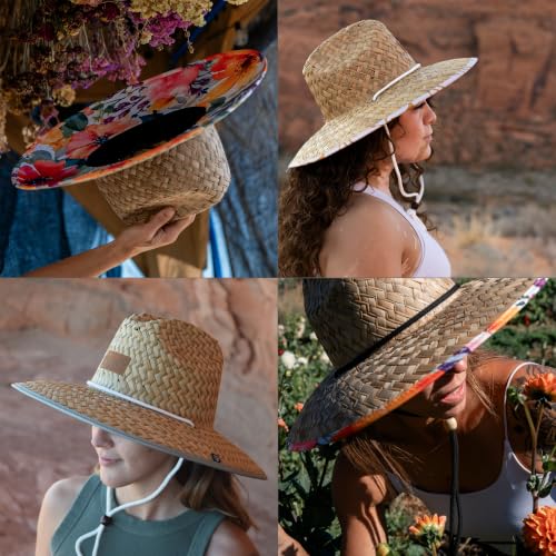 Women's Wide Brim Straw Sun Hat for Beach, Lifeguard Style, Hand-Woven Rush & Mat, Adjustable Chin Drawstring - color: The Lucy