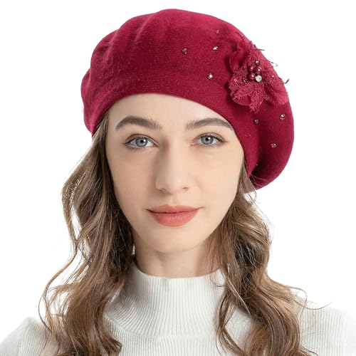 ZLYC Women French Beret Hat Reversible Solid Color Mosaic Warm Artist Cap - color: Bead Flower Burgundy