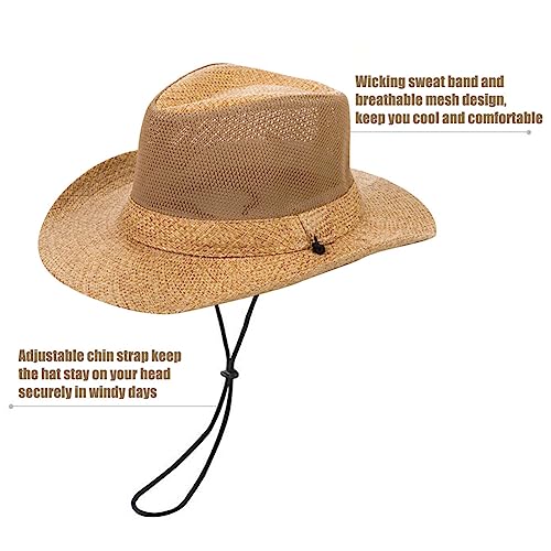 Wide Brim Straw Panama Hat Fedora Beach Sun Hat UPF50+ Unisex Fishing Hats - color: Khaki