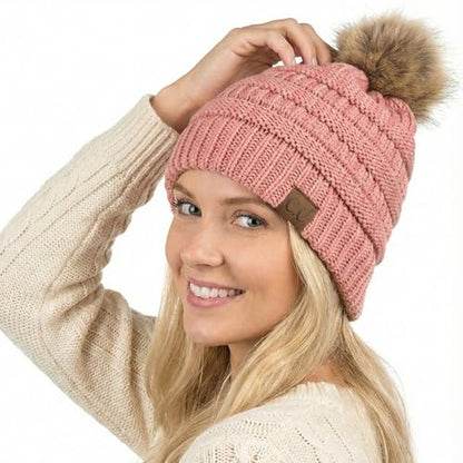 C.C Trendy Fuzzy Fleece Lined Warm Comfortable Soft Stretch Cable Knit Ribbed Faux Fur Pom Pom Beanie Hat - color: Salmon Pink