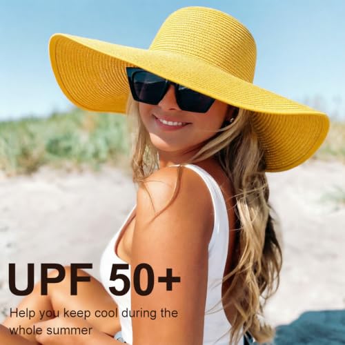 DRESHOW Big Straw Sun Hats for Women Floppy Foldable Roll up Beach Cap Sun Hat UPF 50+ Vacation Honeymoon Embroidered Hat - color: Medium Size: Yellow / Brim 5.5" (Head Circumference 22-22.8")