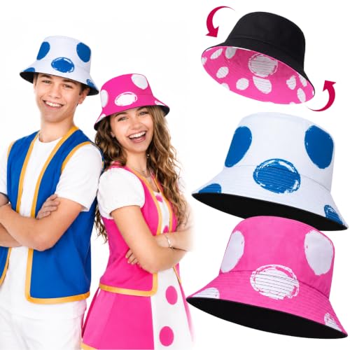 Newcotte 2 Pack Halloween Mushroom Bucket Hats Polka Dot Hats Reversible