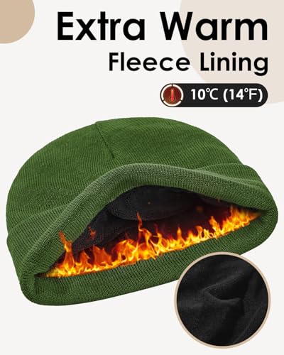 Century Star Men's Fleece-Lined Beanie Winter Knit Hat - Stretchable, Warm, Windproof, Unisex Cuffed Ski Cap for Sports - color: Amy Green
