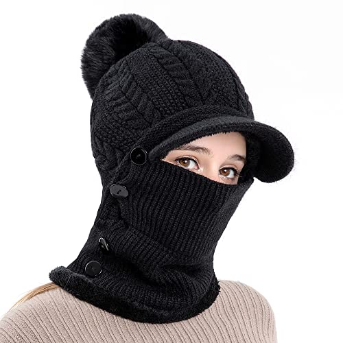 HUAMULAN Women Cable Knit Balaclavas Winter Fleece Lined Beanie Hat - color: Black With Pompom