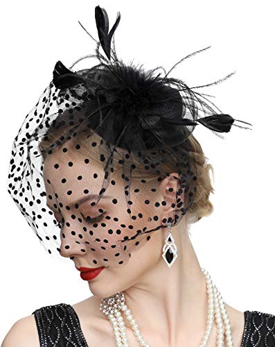 Fascinator Hats for Women 20s 50s Vintage Pillbox Hat Kentucky Derby Fascinators Flower Veil Wedding Tea Party Hat - color: 2-black