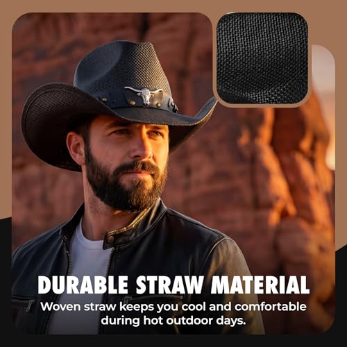 grinderPUNCH Straw Cowboy Hat for Men Women Western Cowgirl Outback Sun Hat - color: Black