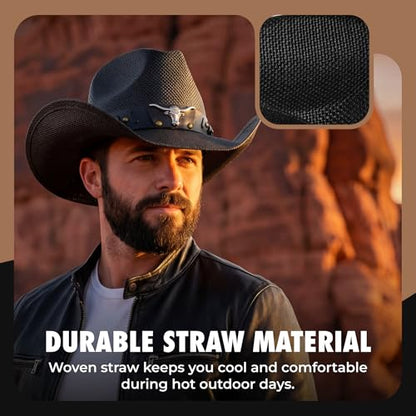 grinderPUNCH Straw Cowboy Hat for Men Women Western Cowgirl Outback Sun Hat - color: Black