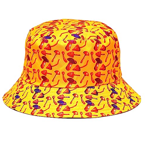 Rave Bucket Hat for Women & Men - Cute Bucket Hats - Festival Hat Adjustable 50+ SPF Protection Rave Accessories - color: Mushroom - Yellow