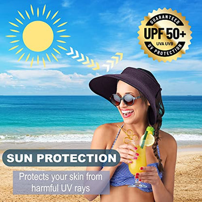 Straw Sun Visor for Women, Wide Brim UPF 50+ Protection Beach Hat, Adjustable, Roll Up Foldable Ponytail Cap with Chin Strap - color: Purple