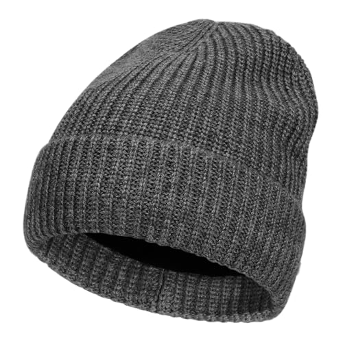 M/L/XL/XXL Merino Wool Beanie for Men & Women, Oversize Fleece Lined Warm Winter Double Layered Stylish Knit Cuffed Ski Hat - color: Dark Grey, size: Medium-Large