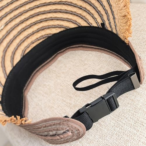 Straw Sun Visor Summer UV Protection Packable Wide Brim Beach Hat Ponytail Women - color: A-coffee