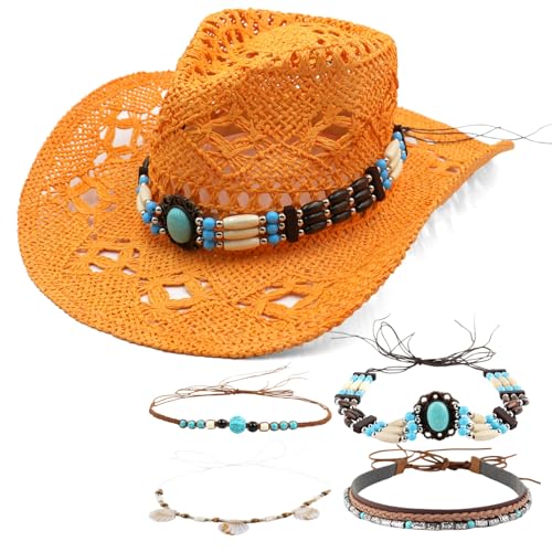 Lifup Straw Cowboy Sun Hats with Four Decorative Bands for Women - color: Orange