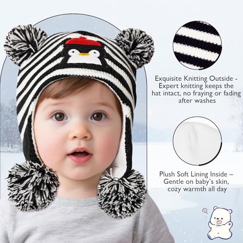 Baby Winter Hat Toddler Beanie Warm Fleece Lined Earflap Cap with Pom Pom - color: O1pc Stripe Penguin, size: 0-12 Months