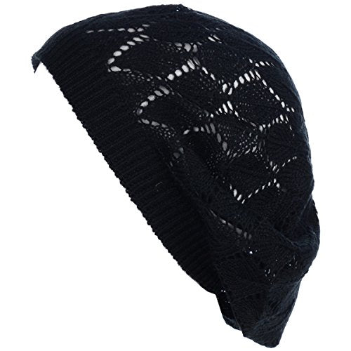 BYOS Chic Parisian Style Soft Lightweight Crochet Cutout Knit Beret Beanie Hat - color: 2-pack Leafy Beige & Black