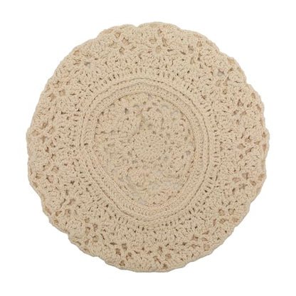 ZLYC Women Cotton Slouchy Crochet Beret Handmade Cutout Floral Beanie Hat - color: Crochet Beige