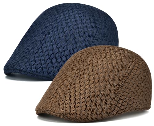 2 Pack Teenagers' Mesh Cap Breathable Summer Newsboy Hat Adjustable Beret Ivy Cap Irish Riding Hiking Hats - color: Navy/Coffee