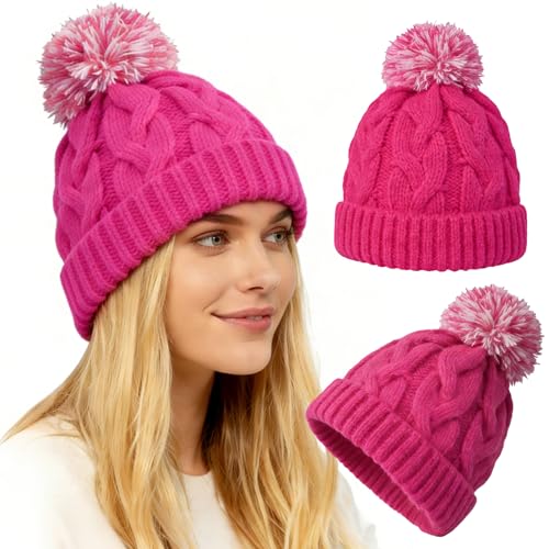 Slouchy Chunky Knit Beanie with Pom Pom - Cozy Winter Bobble Hat for Women and Men - color: Hot Pink