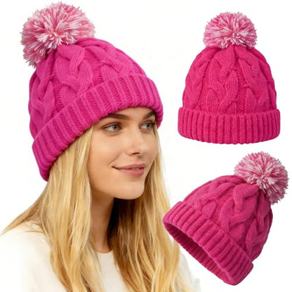 Slouchy Chunky Knit Beanie with Pom Pom - Cozy Winter Bobble Hat for Women and Men - color: Hot Pink