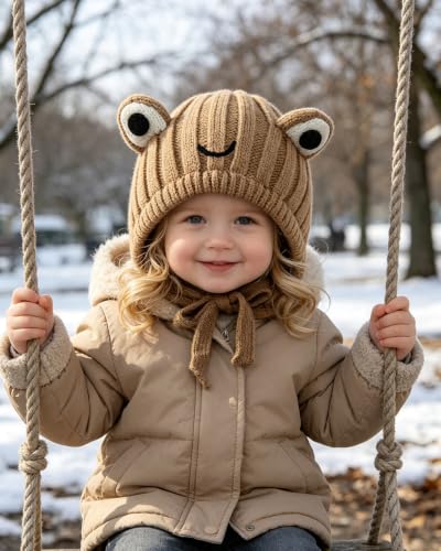 AMPOSSTO Baby Knitted Earflap Beanie Hat Cute Frog Winter Warm Ear Protection Skull Caps with Big Eyes for Boys Girls - color: Brown