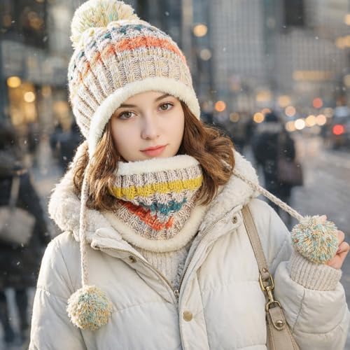 HUAMULAN Women Winter Knit Beanie Hat Circle Scarf Set Pompoms Ear Flaps - color: Beige