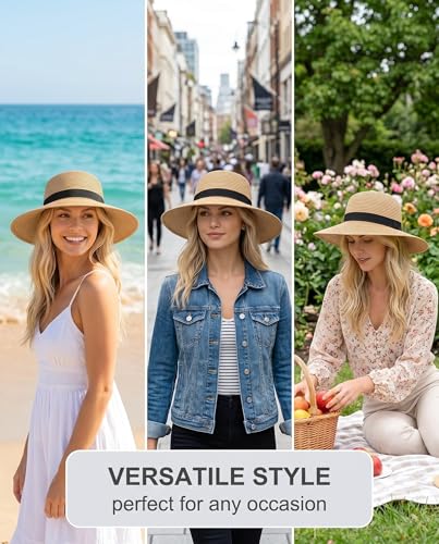 Straw Sun Hat with 2026 Foldable Summer Beach Straw Hat,Packable Wide Brim for Women UV Protection for Travel (Khaki)