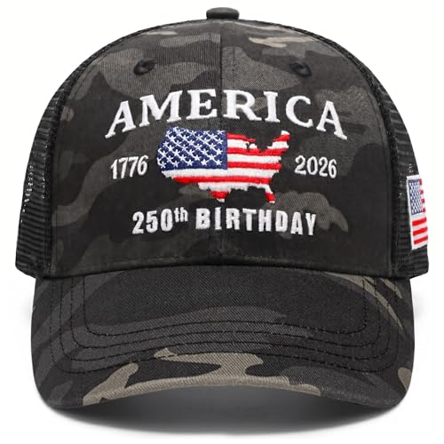 250th Anniversary USA Hat, Camouflage Mesh 250th Trucker Hat for Men Women - color: 07.250th-grey Camouflage