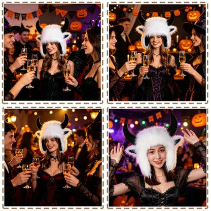 XGOPTS Winter Faux Fur Plush Hat with Horns Warm Animal Horn Ox Earflap Hat - color: White