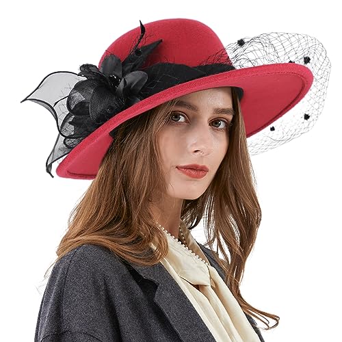 Ladies Wool Felt Bucket Hat Women Vintage Cloche Fedora Winter Church Bowler Hat with Bow - color: A-red