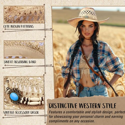Straw Cowboy Hat Western Cowgirl Hat with Four Decorative Bands, Hat Size Fits 21 7/8 to 23, Wide Brim