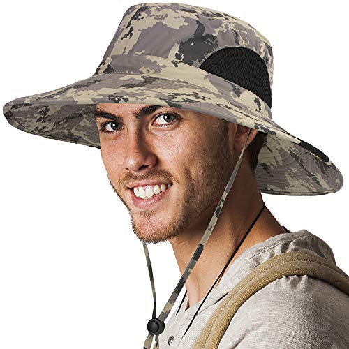 SUN CUBE Wide Brim Sun Hat for Men & Women, UPF 50+ UV Protection, Mesh Boonie Hat with Chin Strap, Fishing Hiking Hat - color: Camo Grey