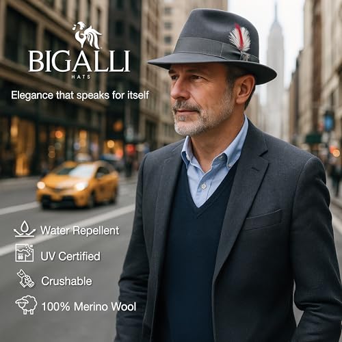Bigalli Milano Hat Classic Mens Fedora Hat 100% Wool Felt Crushable Center Dent Water Repellent | Grosgrain Ribbon - color: Dark Brown, size: Small