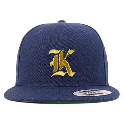 Trendy Apparel Shop Old English Gold K Embroidered Snapback Flatbill Baseball Cap - color: Navy