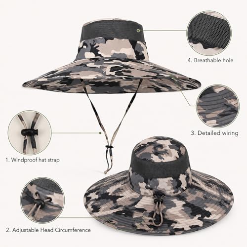 HUAMULAN Men Women 6" Wide Brim Sun Protection Hat Summer Fishing Hats - color: B5-camouflage-5