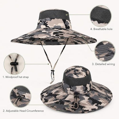 HUAMULAN Men Women 6" Wide Brim Sun Protection Hat Summer Fishing Hats - color: B5-camouflage-5