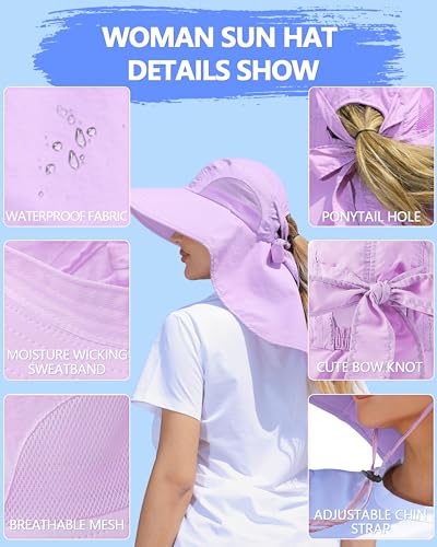 Womens Sun Hat Outdoor UV Protection Wide Brim Fishing Hat with Ponytail Hole Neck Flap for Beach Hiking Camping - color: Sun Hat-purple
