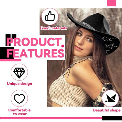 SHENYI Cowgirl Hat and Bandana and Heart Sunglasses Glitter Rhinestone Star Cowboy Hat Western Sparkly Hats for Women Men - color: Cowgirl Black