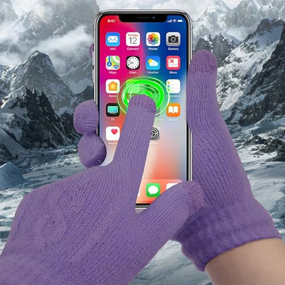 Winter Hat Scarf Gloves Set for Women, Classic Cable Beanie with Removable Pom Pom Long Scarf Touchscreen Gloves 3 in 1 Set - color: Purple