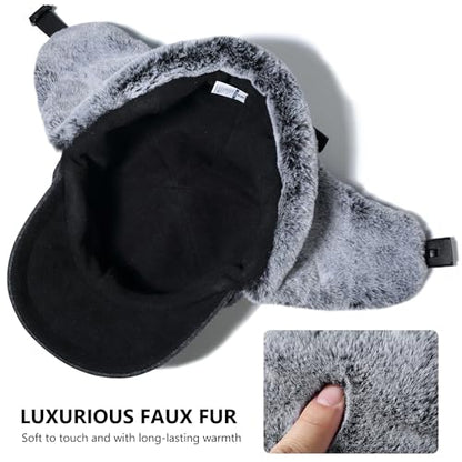 GADIEMKENSD Unisex Winter Wool Baseball Cap with Faux Fur Lined Ear Flaps, Trapper Hat with Reflective Line - color: Grey