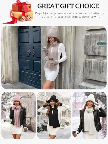 Women's Winter Beanie Hat Scarf Gloves Set,Fleece Lined Knit Pom Hat Long Scarf with Touchscreen Gloves Gifts for Women