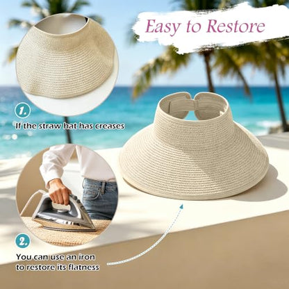3 Pack Women's Straw Sun Visor Hat,Outdoor Wide Brim UV Protection Foldable,Adjustable Packable Ponytail Summer Sun Hat - color: 3 Pack Beige