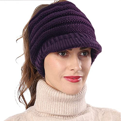 Women's BeanieTail Warm Knit Hat Messy High Bun Ponytail Visor Beanie Cap - color: A-purple, size: Medium